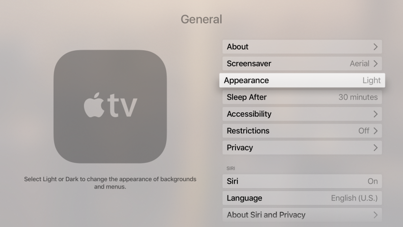 Apple TV Settings Appearance