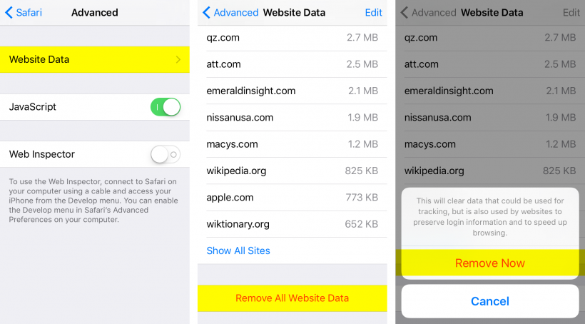 Remove website data Safari iOS