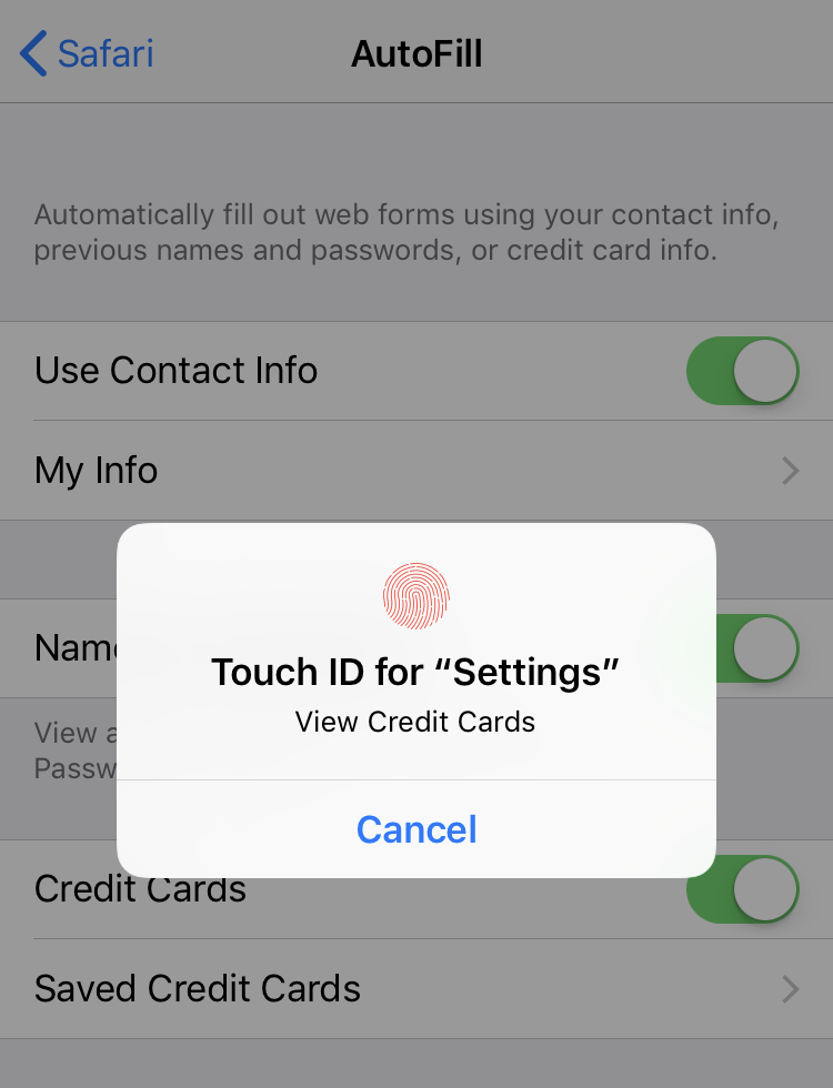 AutoFill credit cards Touch ID verification