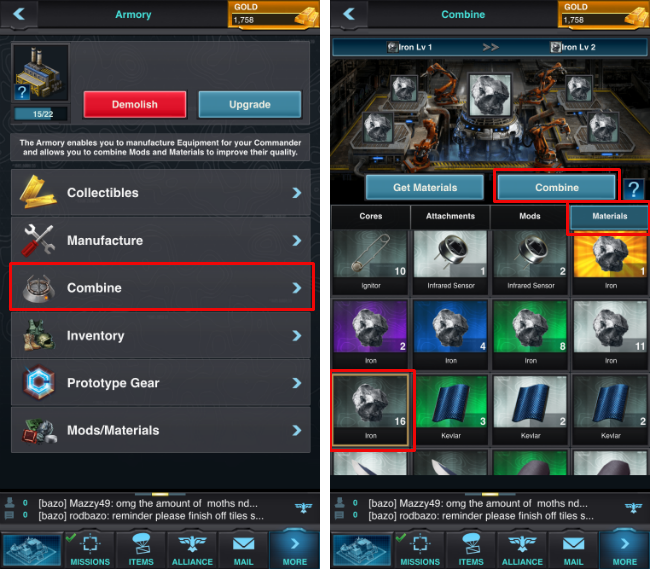 How to combine mods and materials on Mobile Strike.