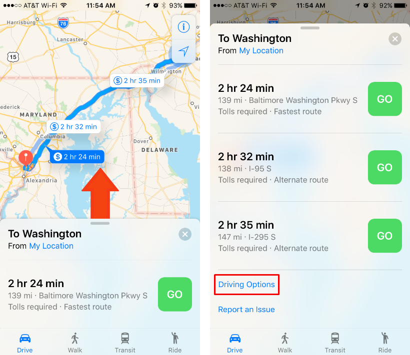 How to avoid toll roads and highways on iOS Maps.