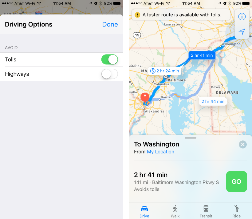 How to avoid toll roads and highways on Apple Maps app.