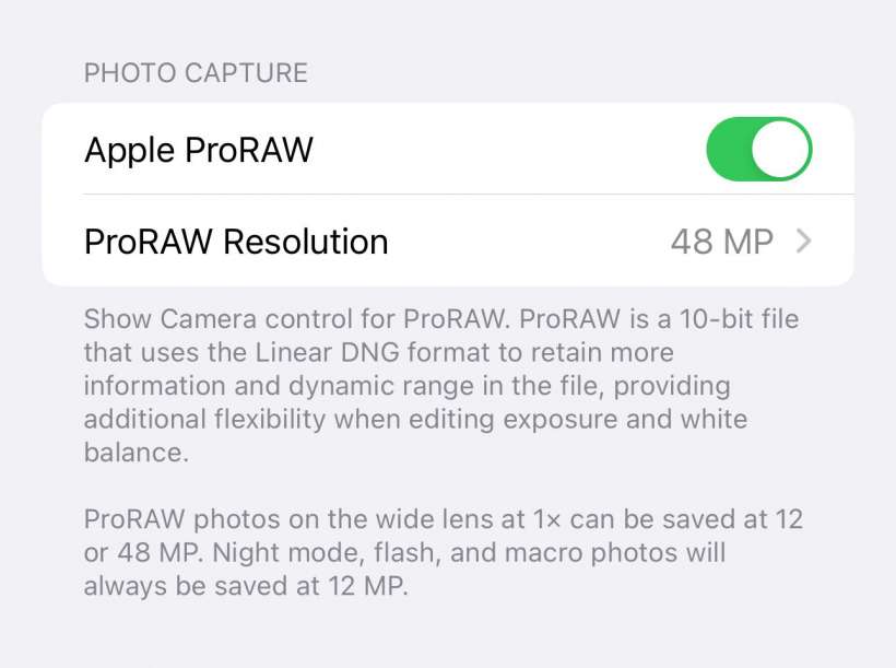 Apple ProRAW 48MP capture iPhone 14 Pro