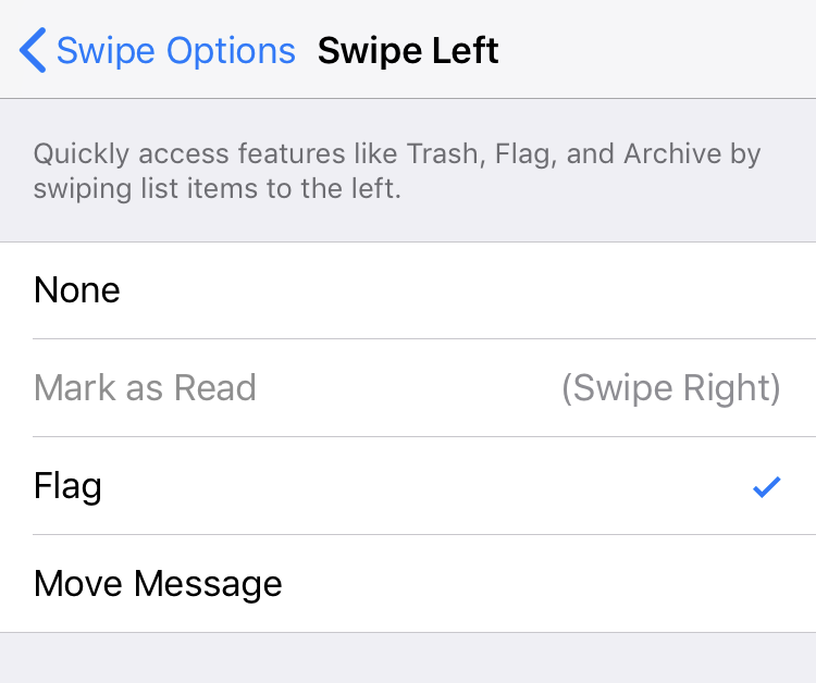 iOS Mail swipe settings left