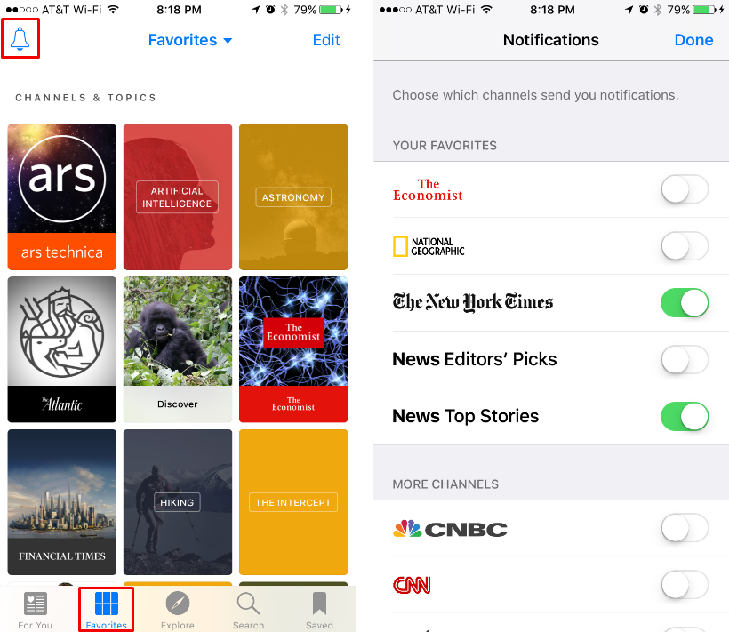 How to turn on/off notifications for individual channels in the iOS News app.
