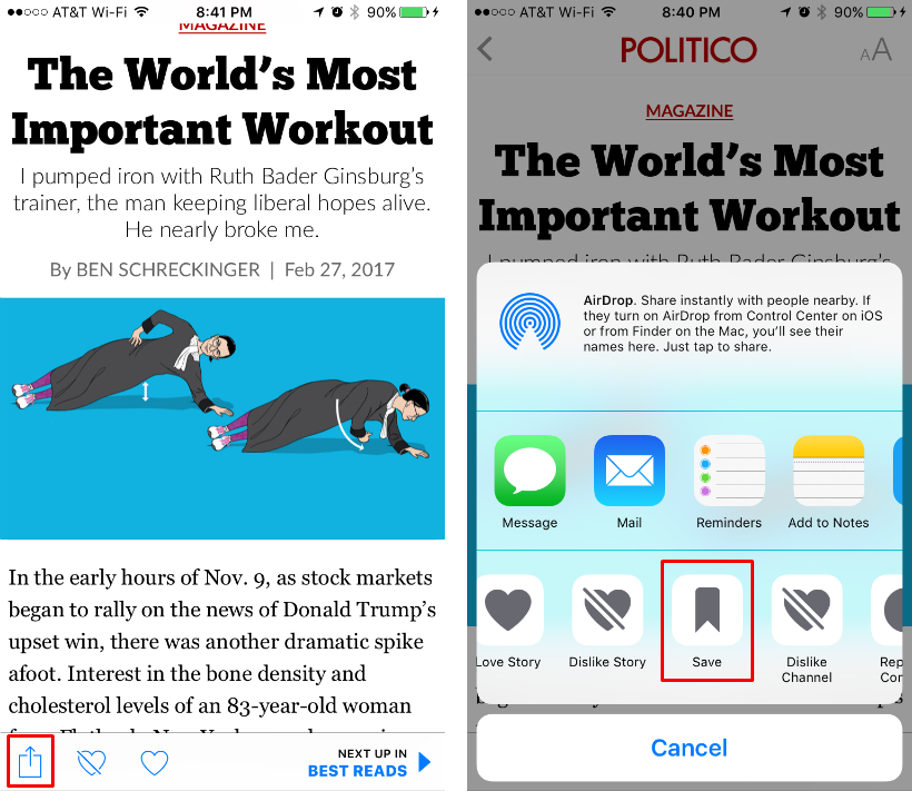 How to save a story for later in the iPhone's News app.