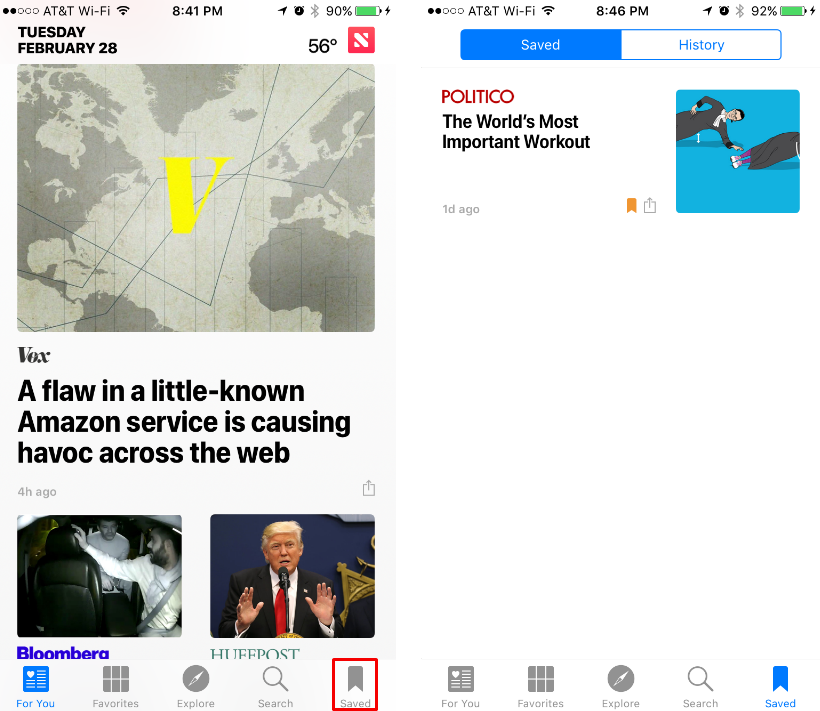 How to save a story for later in the iOS News app.