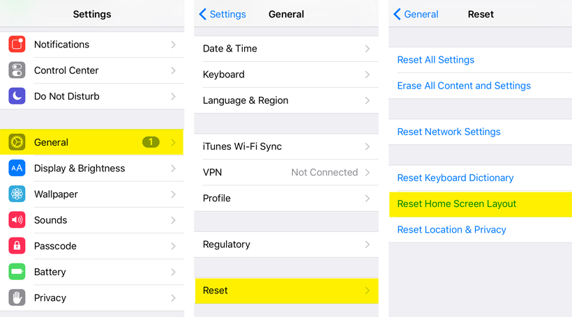 Reset iOS app layout to factory settings