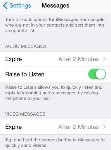 iOS 8 Audio Messages Settings