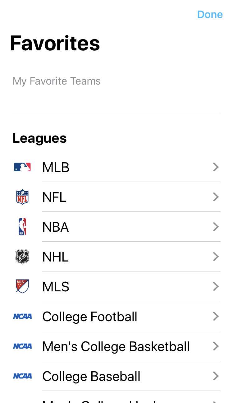 TV app Sports favorites