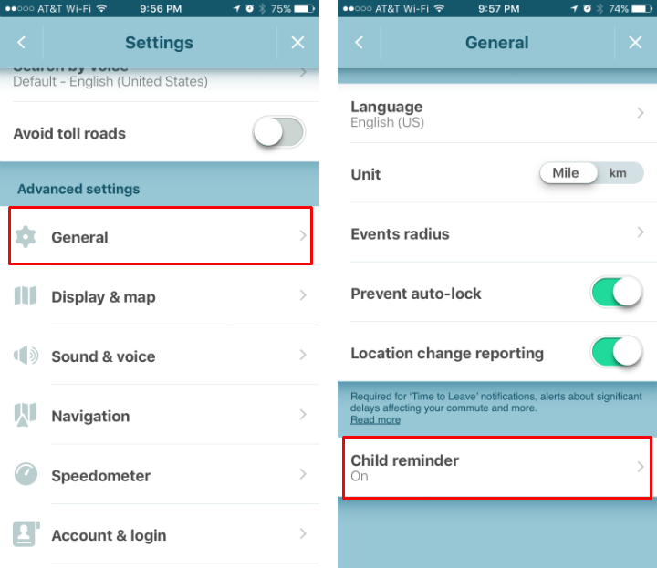 How to activate a child reminder in Waze.