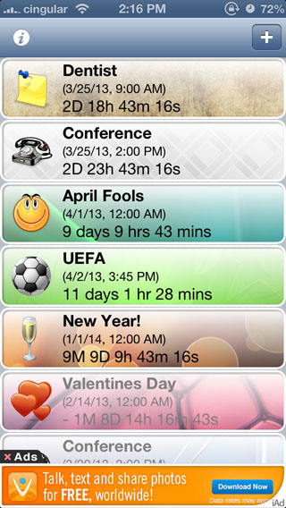 Reminder and Countdown Free iPhone app screen1