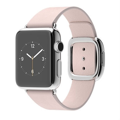 The 38mm Apple Watch with a soft pink band and modern buckle won't ship until July. 