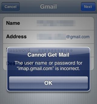 iphone gmail wrong password