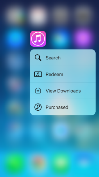 iOS 9.3 3D Touch shortcuts for iTunes Store.