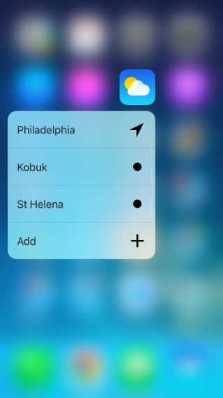 iOS 9.3 3D Touch shortcuts for Weather. iOS 9.3 3D Touch shortcuts for Weather.