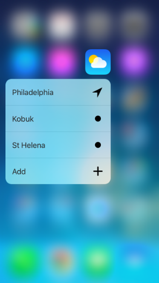 iOS 9.3 3D Touch shortcuts for Weather.