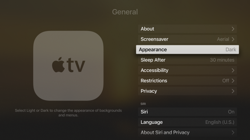 Apple TV Settings Dark Mode
