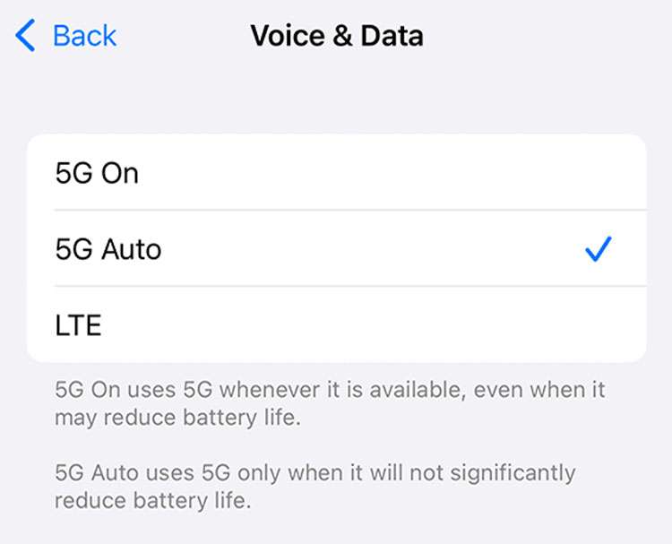 Voice and Data settings iPhone
