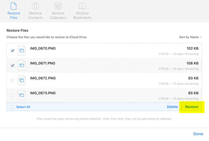 iCloud restore files