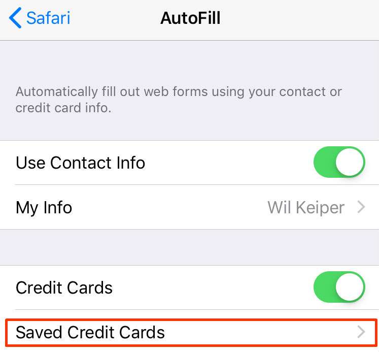 Autofill Credit Card iPhone