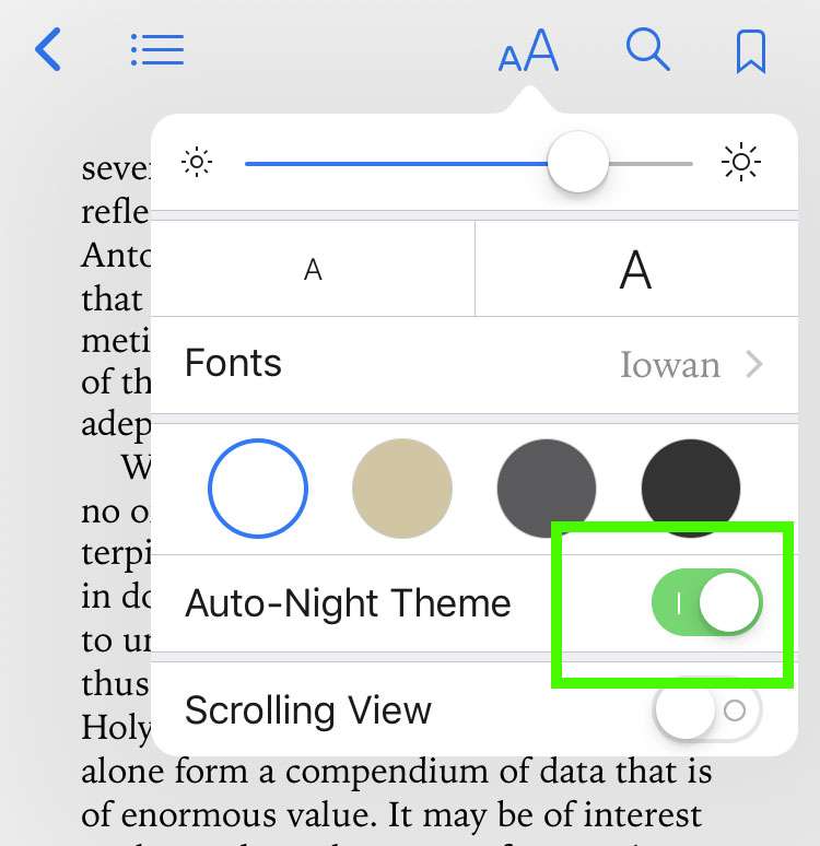 Dark Mode iOS Books auto dimmer