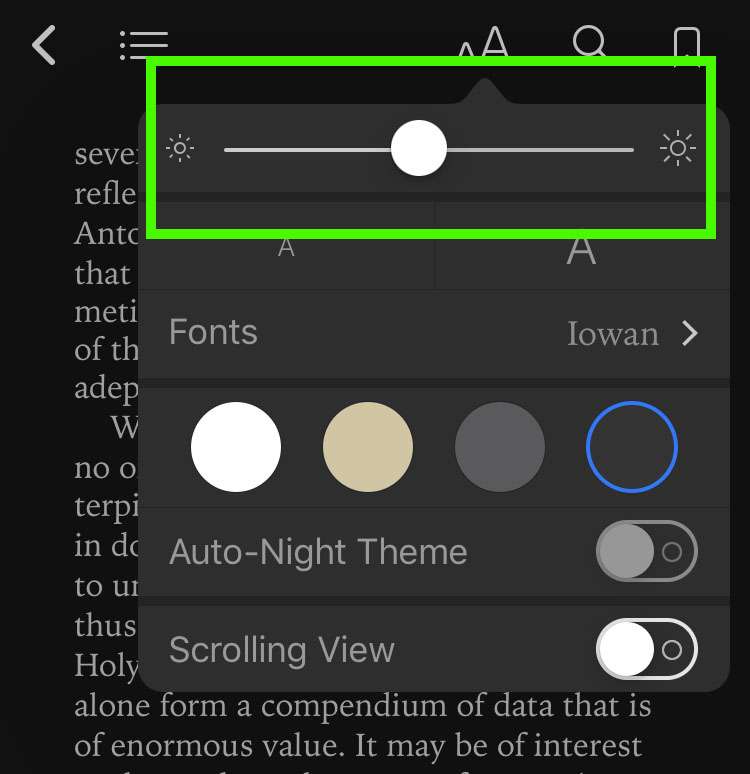 Dark Mode iOS Books brightness slider Dark Mode iOS Books brightness slider