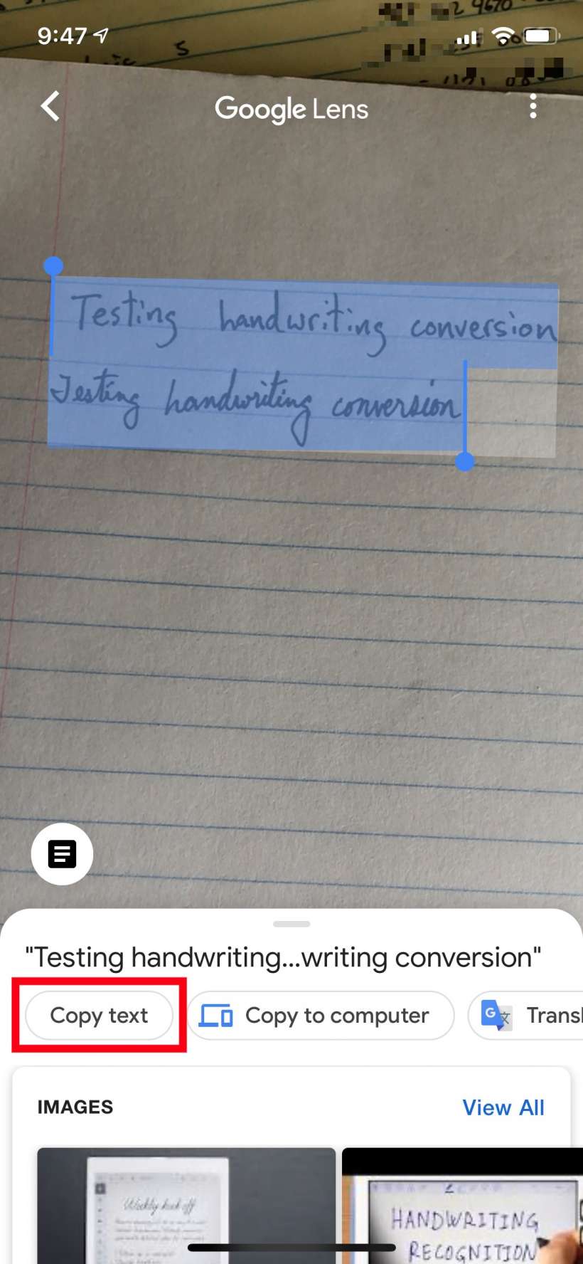 How to convert handwriting to text on iPhone and iPad using Google Lens OCR.