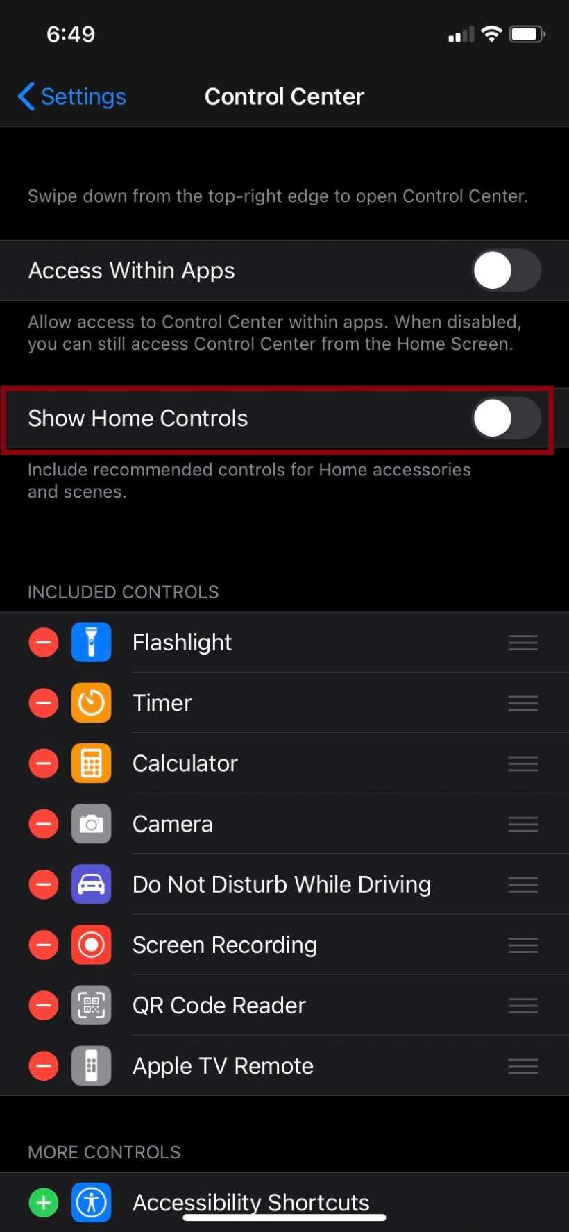 Show Home Controls Control Center Settings