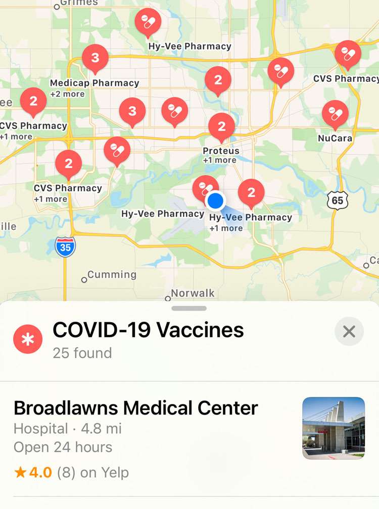 Apple Maps Coronavirus vaccine sites