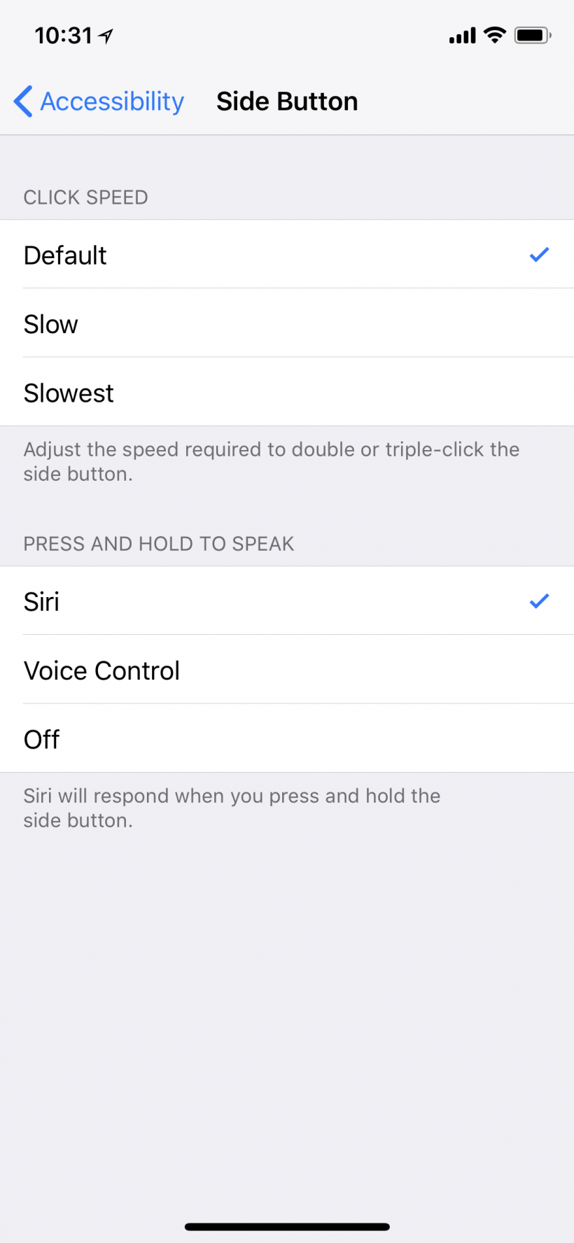 How to slow down the double click speed for the side button on iPhone X.