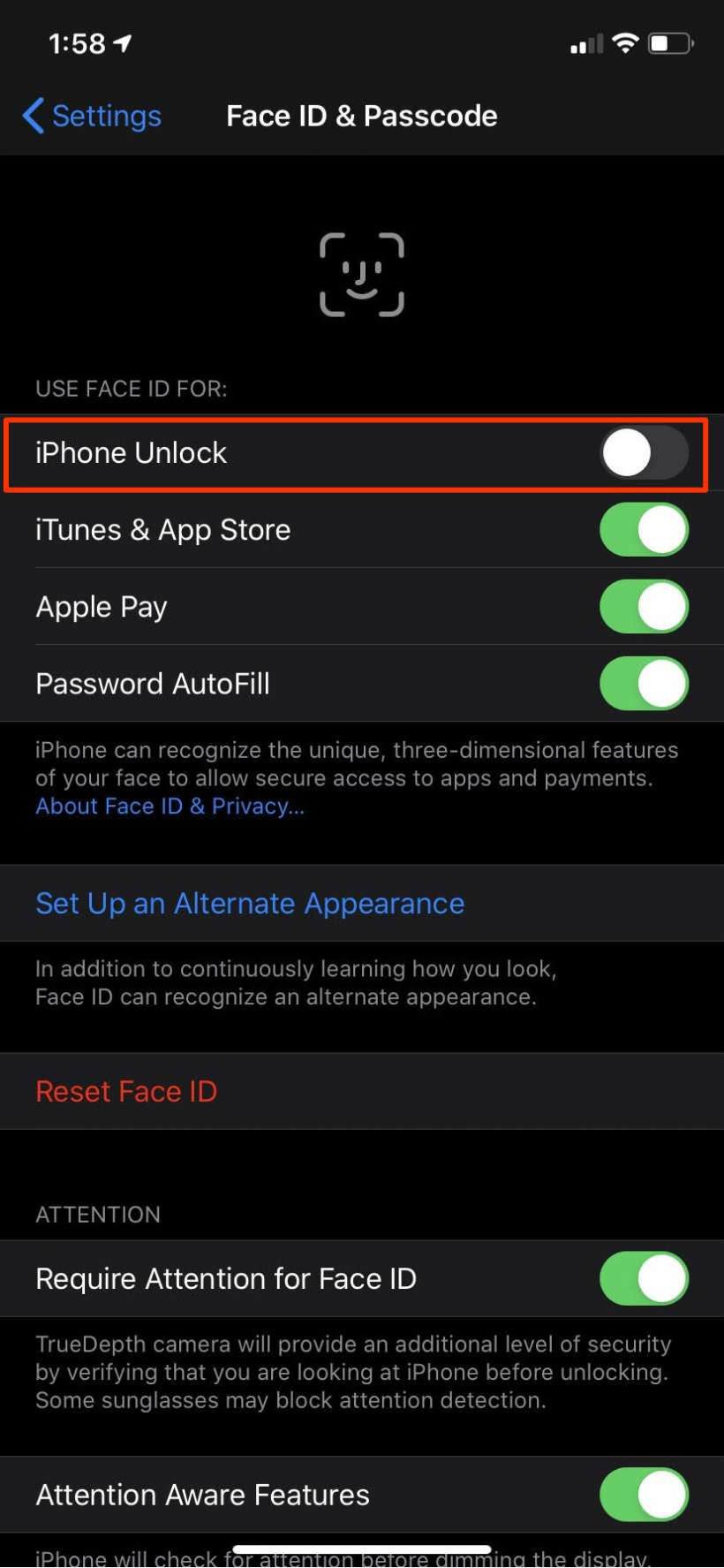 Disable Face ID
