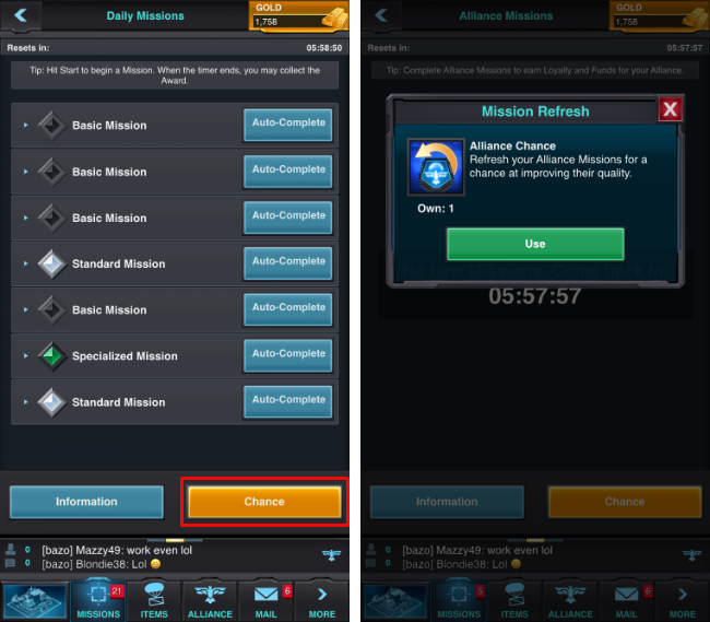 Use Daily and Alliance chances to get more and better missions in Mobile Strike.