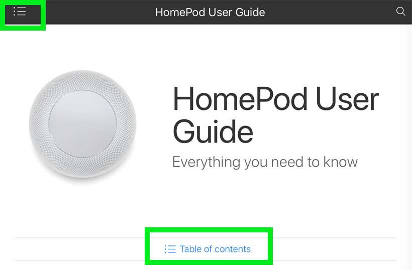 HomePod User Guide contents