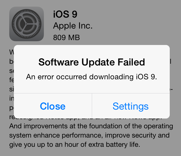 Software Update Failed iOS 9