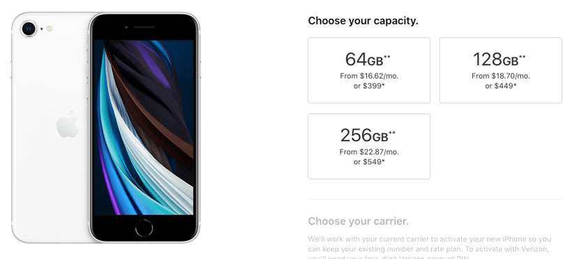 iPhone SE 2nd gen storage tiers