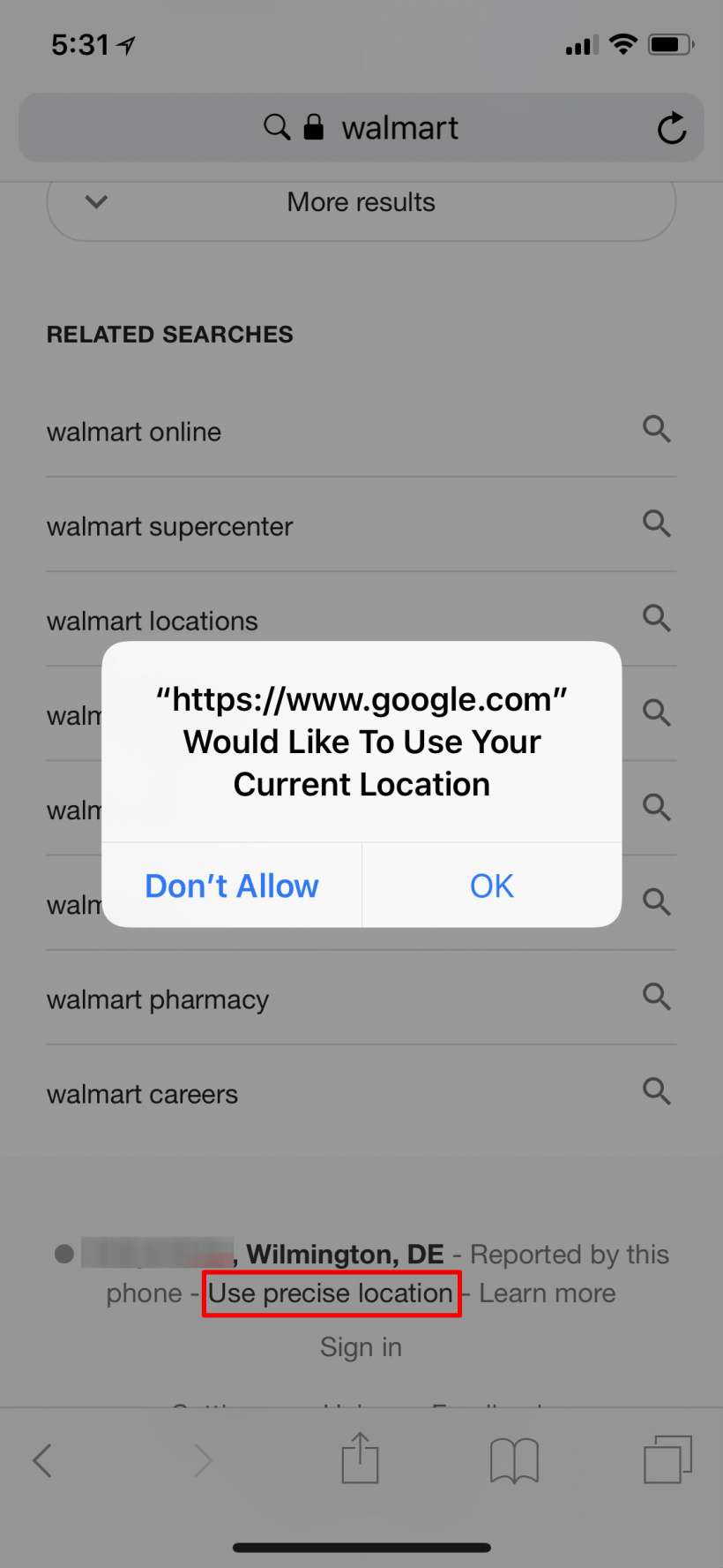 safari google always asking for location