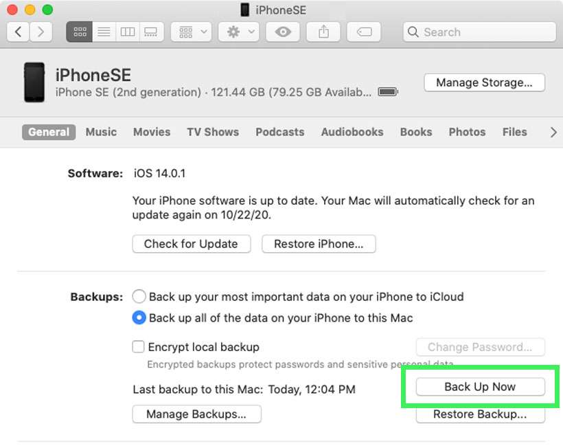 Finder run local iOS backup