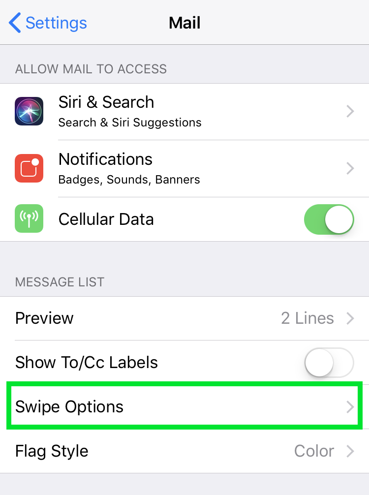 iOS Mail swipe settings