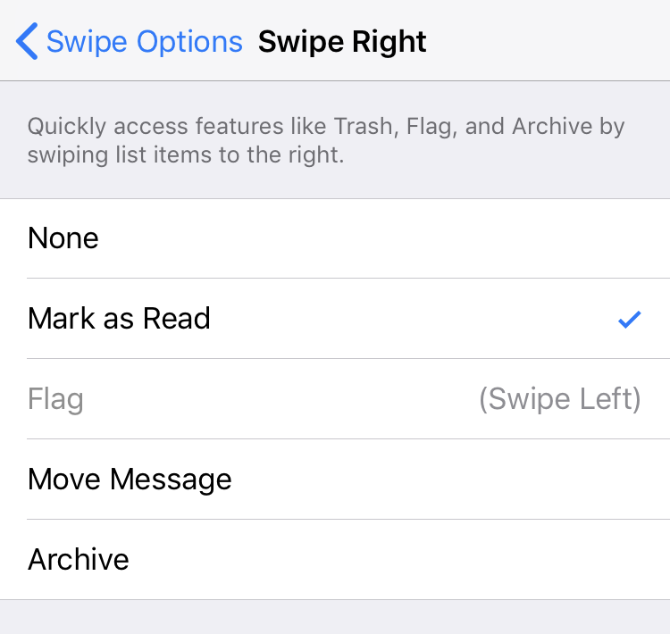 iOS Mail swipe settings right