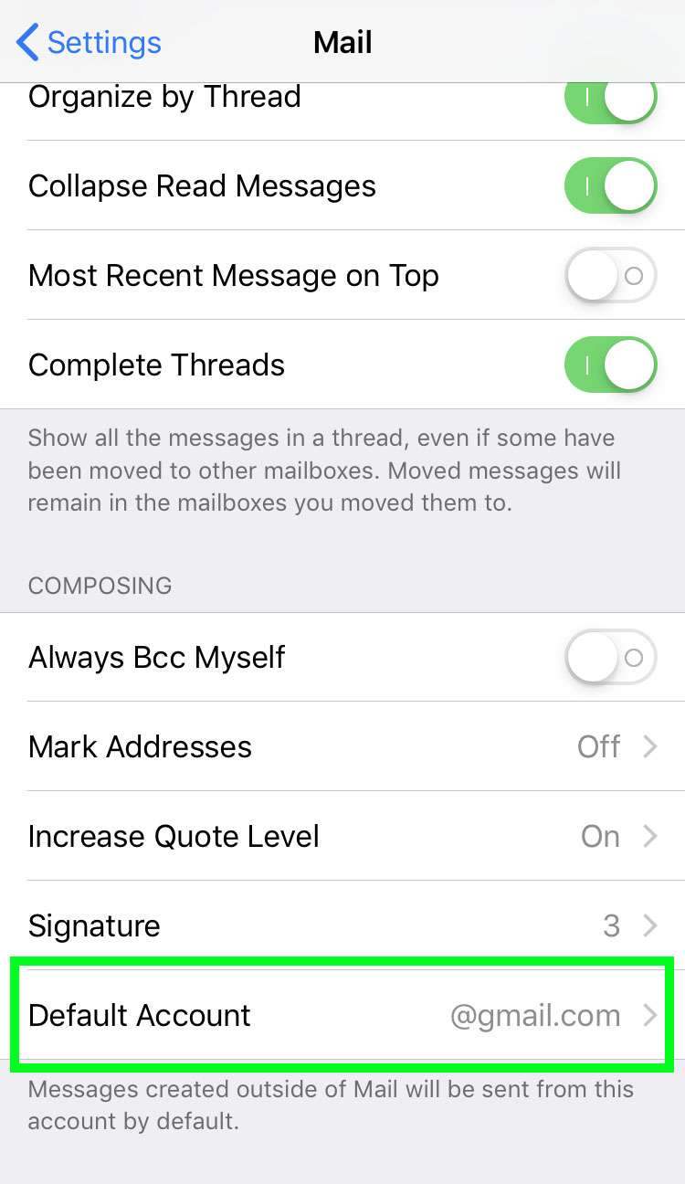 Default mail account iOS