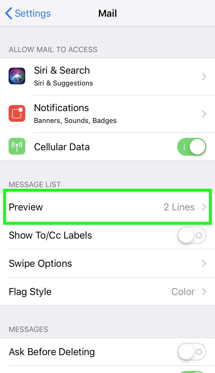 iOS Mail preview settings 3