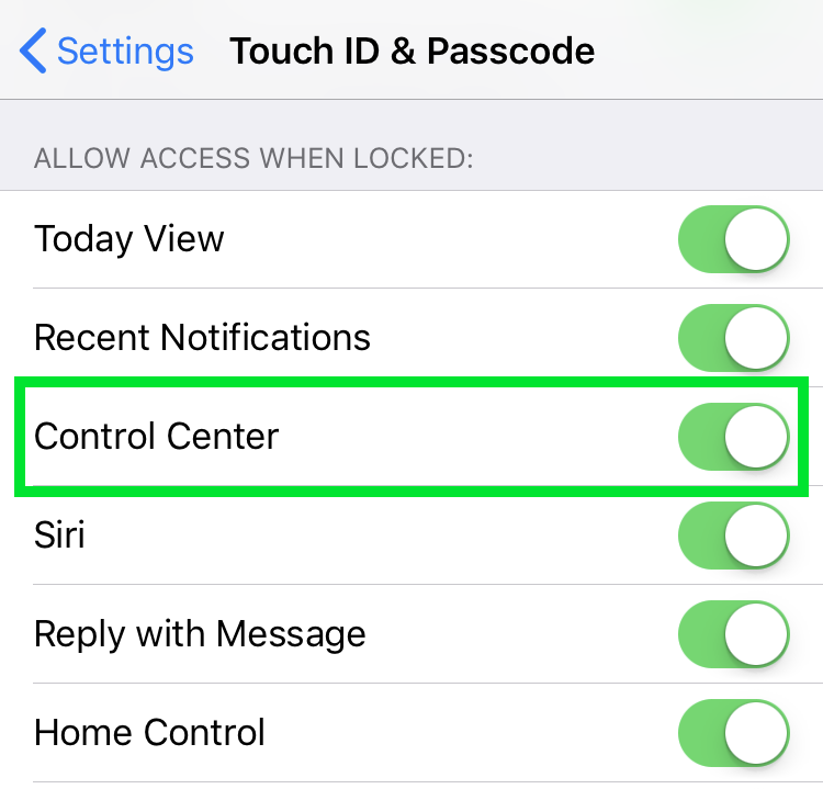 Settings control center lock screen