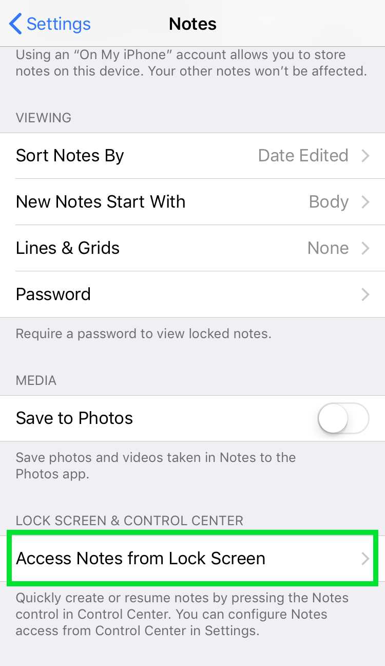 Settings Notes access lock screen