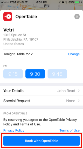 How to connect OpenTable to iOS Maps using extensions.
