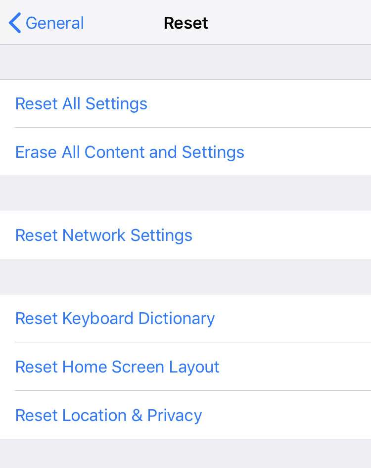 iOS reset options