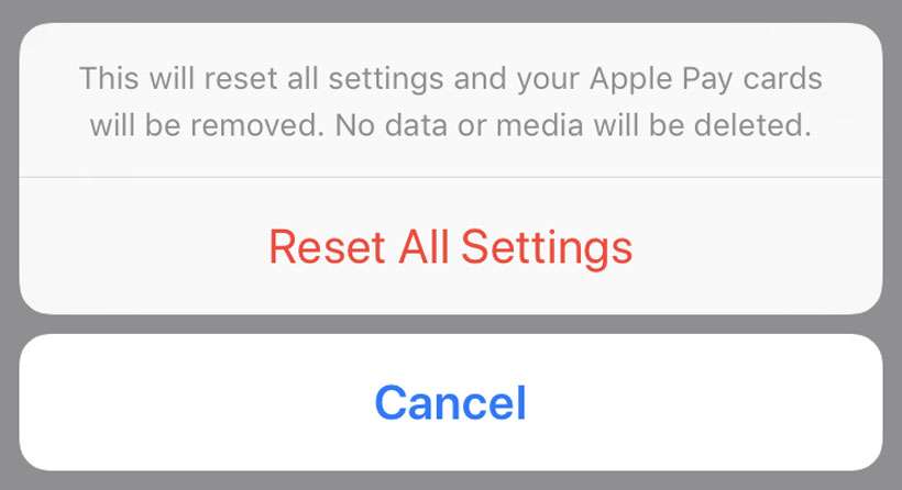 iOS reset all settings