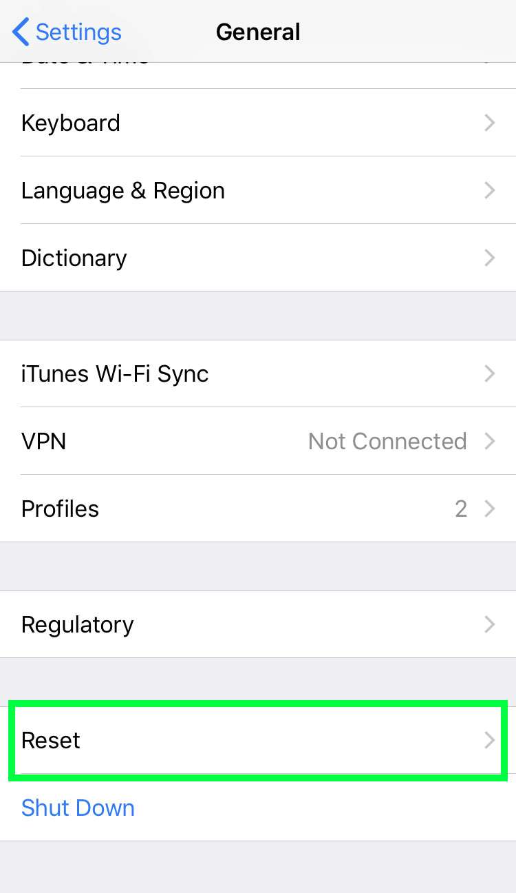 iOS Settings Reset