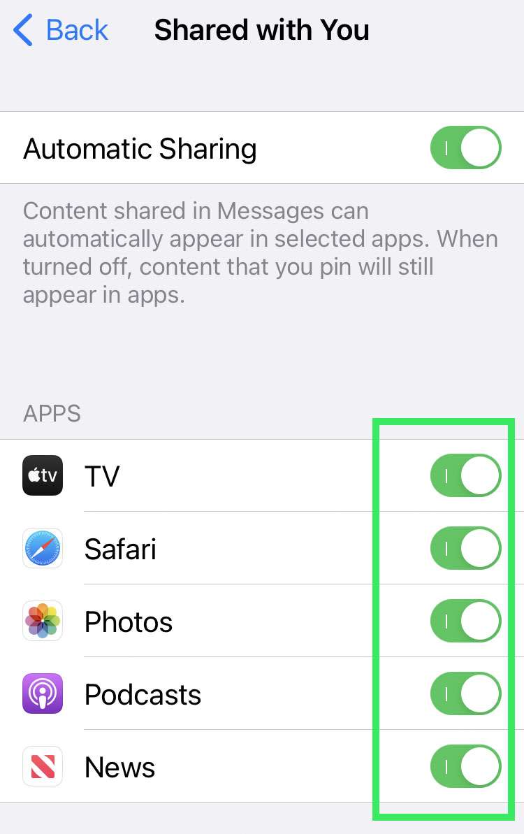 Toggle apps for sharing