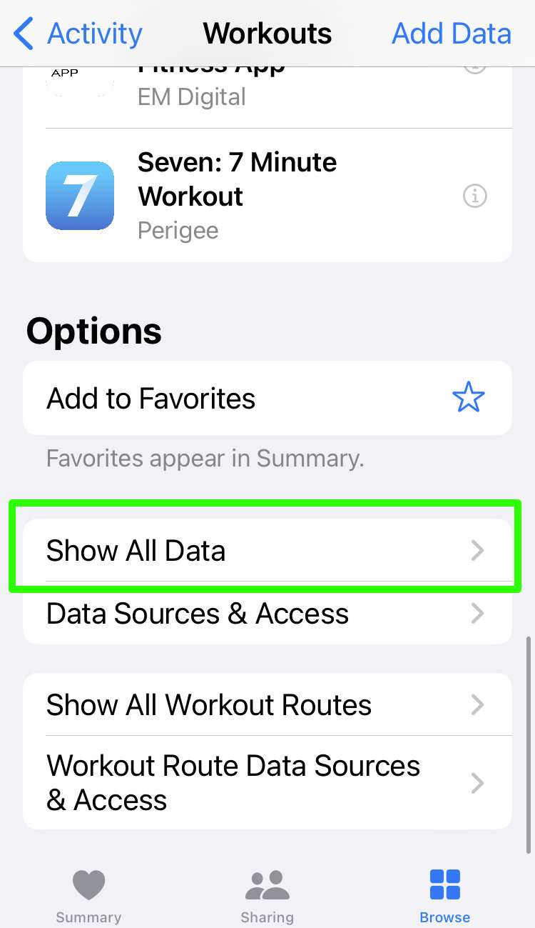 Show all workout activity data